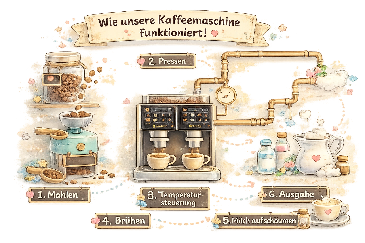 So funktioniert unsere Kaffeemaschine — Schritt für Schritt vom Mahlen bis zur Tasse