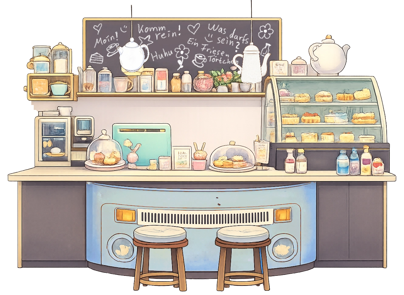 Illustrierte Café-Theke mit Vitrine voller Kuchen